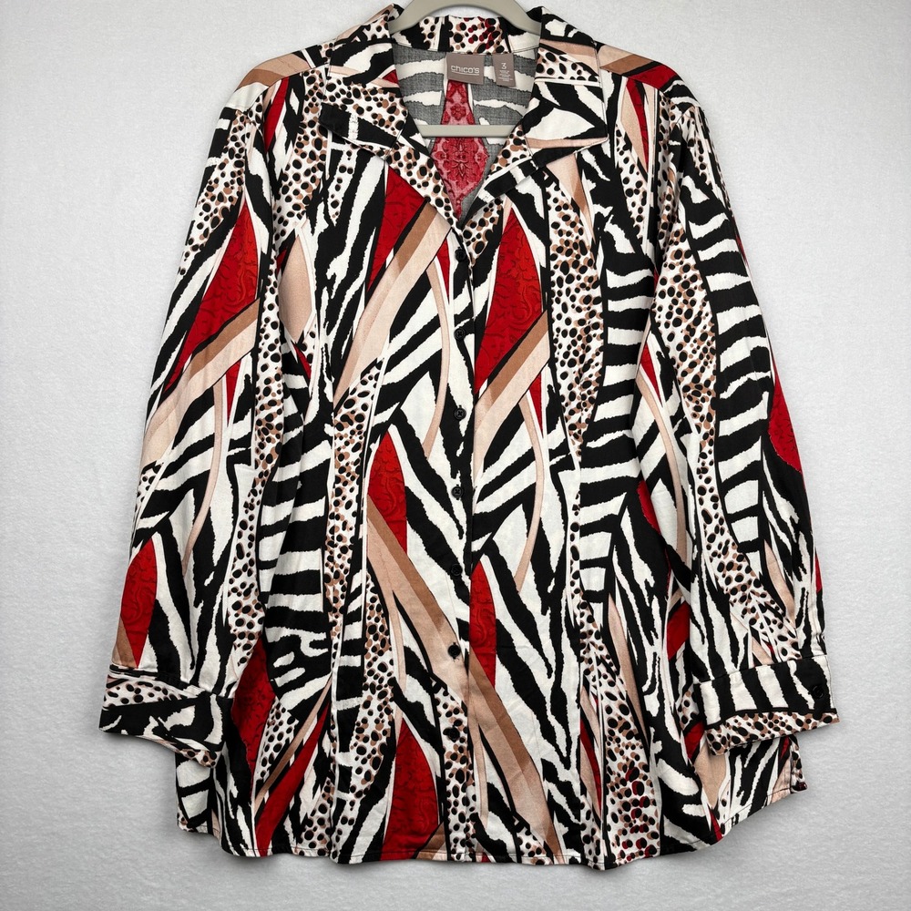 Chicos Shirt Womens Size 3 XL Animal Print Mixed Pattern Button Front